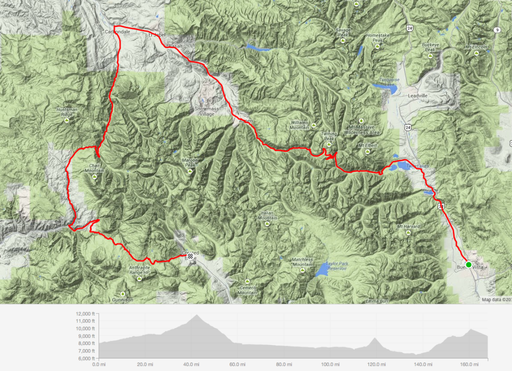 A Strava GPS map of the cycling route we rode through Colorado